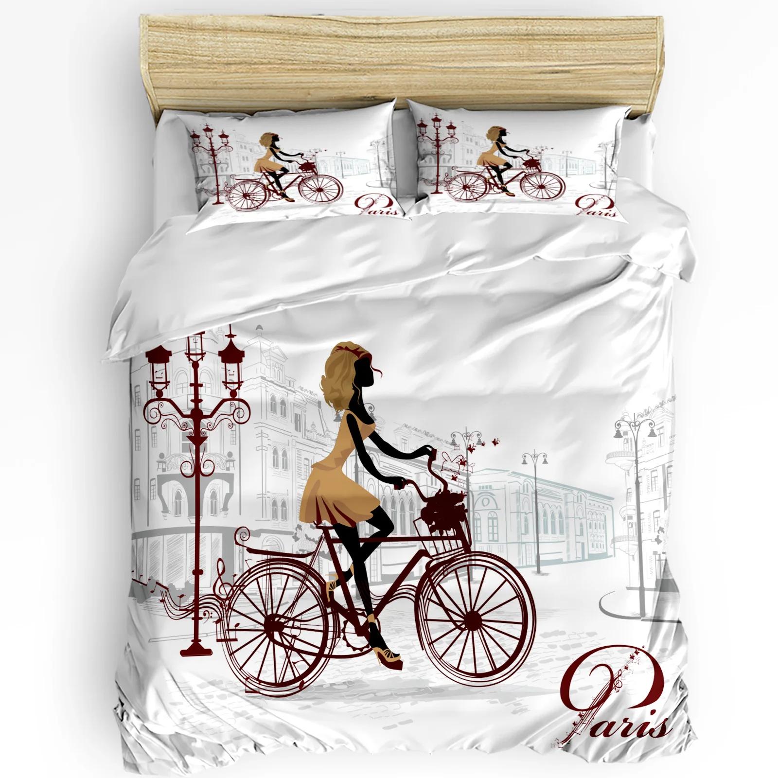 Bicycle Girl Paris Street Romance Architecture Duvet Cover 3pcs Bedding Set Home Textile Quilt Cover Pillowcases No